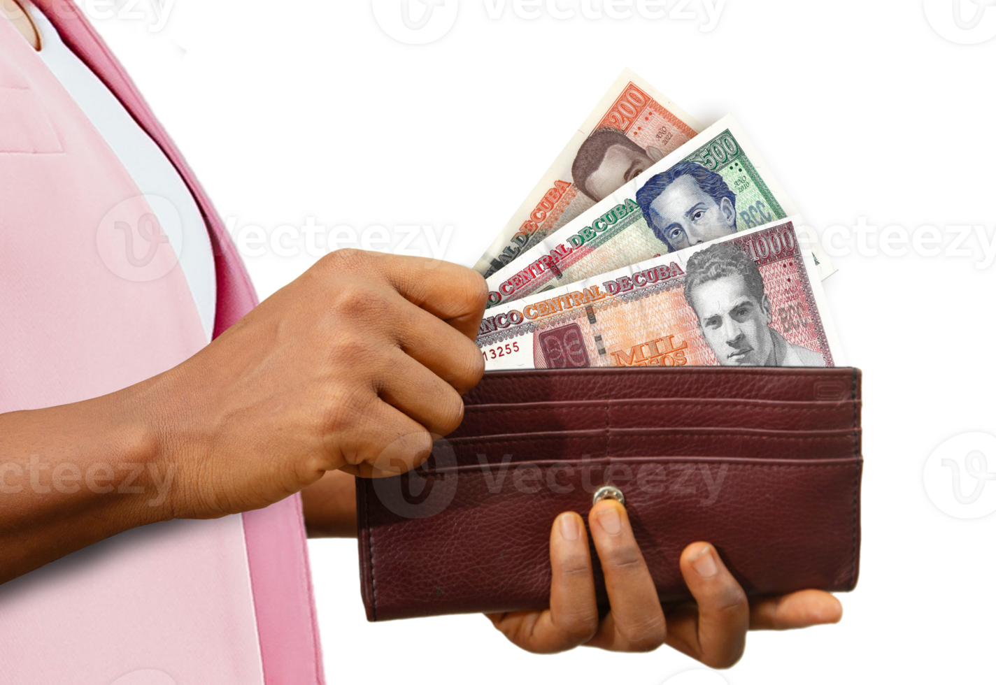 fair Female Hand Holding brown Purse With Cuban Peso notes, hand removing money out of purse isolated on transparent background png