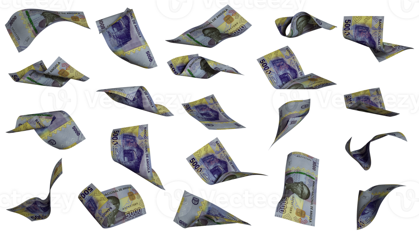 3D rendering of Angolan Kwanza notes flying in different angles and orientations isolated on transparent background png