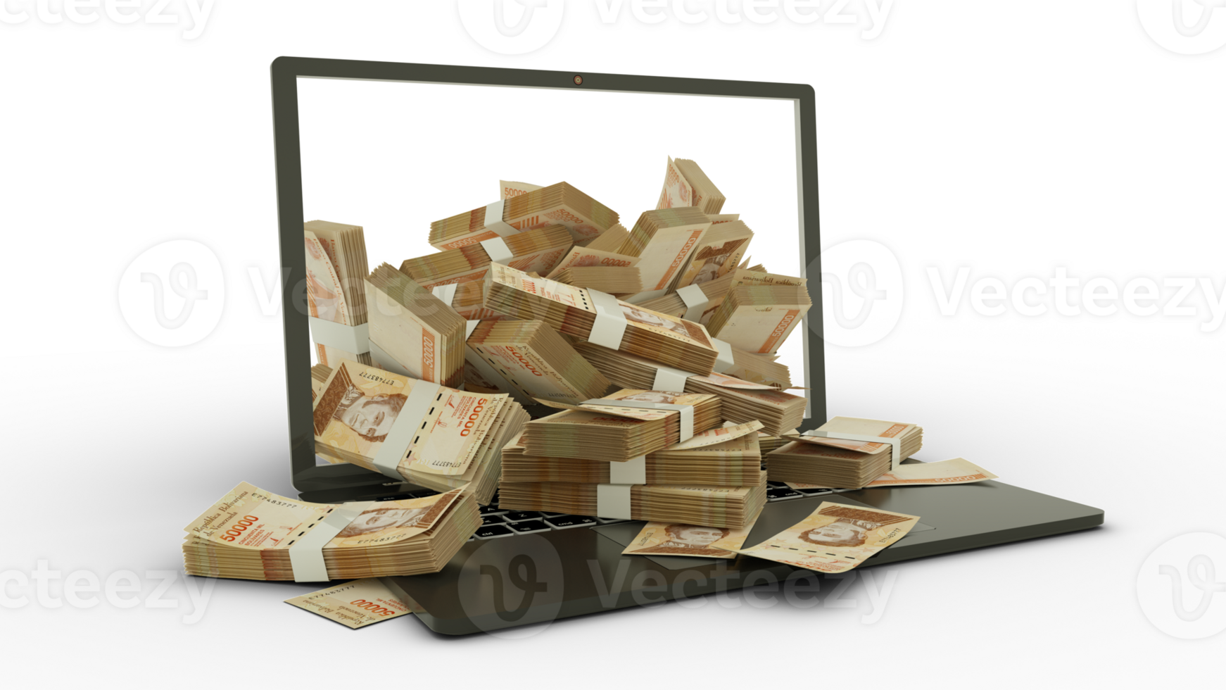 3D rendering of Venezuelan bolivar notes coming out of a Laptop monitor isolated on transparent background. stacks of Bolivar notes inside a laptop. money from computer, money from laptop png