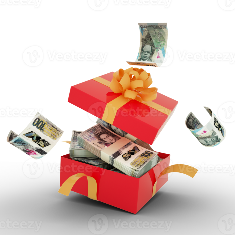 East Caribbean Dollar notes inside an open red gift box. East Caribbean Dollars inside and flying around a gift box. 3d rendering of money inside box isolated on transparent background png