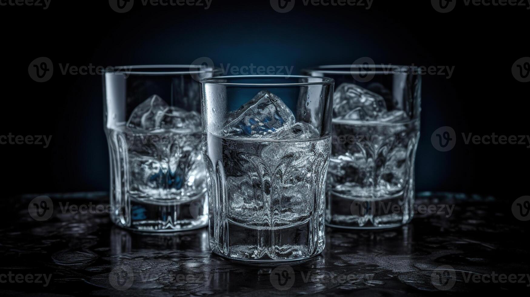 Vodka. Shots, glasses with vodka with ice. Dark background. photo