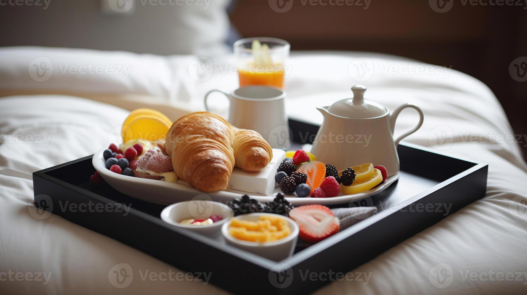 Tray with tasty breakfast on bed in light room, photo