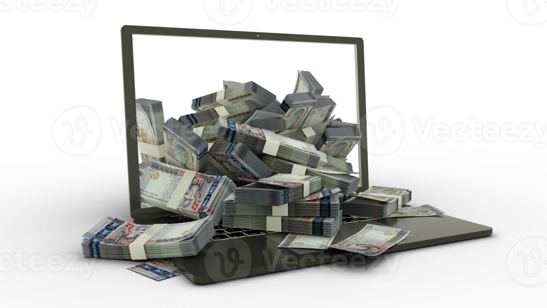 3D rendering of 100000 Armenian dram notes coming out of a Laptop monitor isolated on transparent background. stacks of Armenian dram notes inside a laptop. money from computer, png
