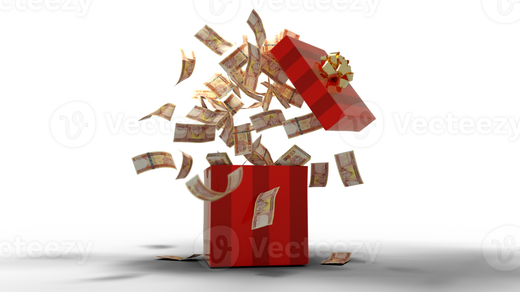 3D rendering of A lot of 1000 Afghan afghani notes coming out of an opened red gift box. Money flying out of box png