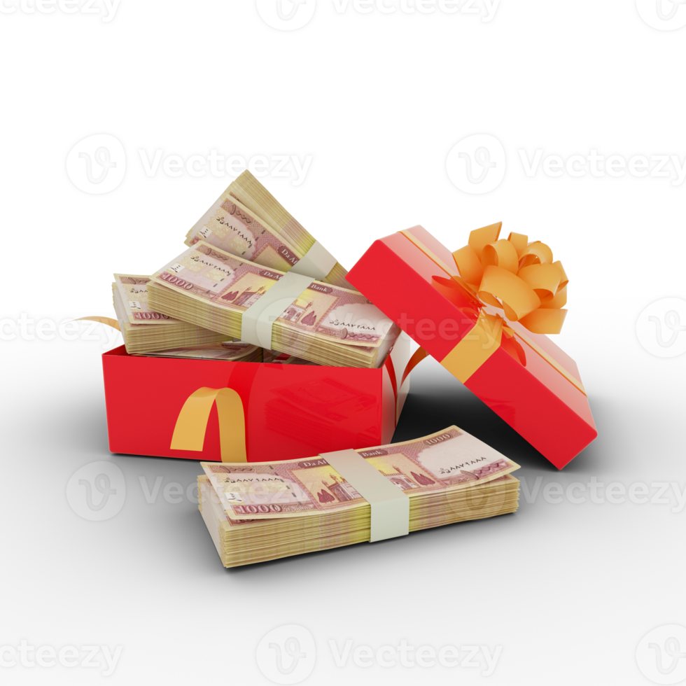 Stack of Afghan Afghanis notes inside an open red gift box. Bundles of Afghan Afghanis inside a gift box. 3d rendering of money inside box isolated on transparent background png
