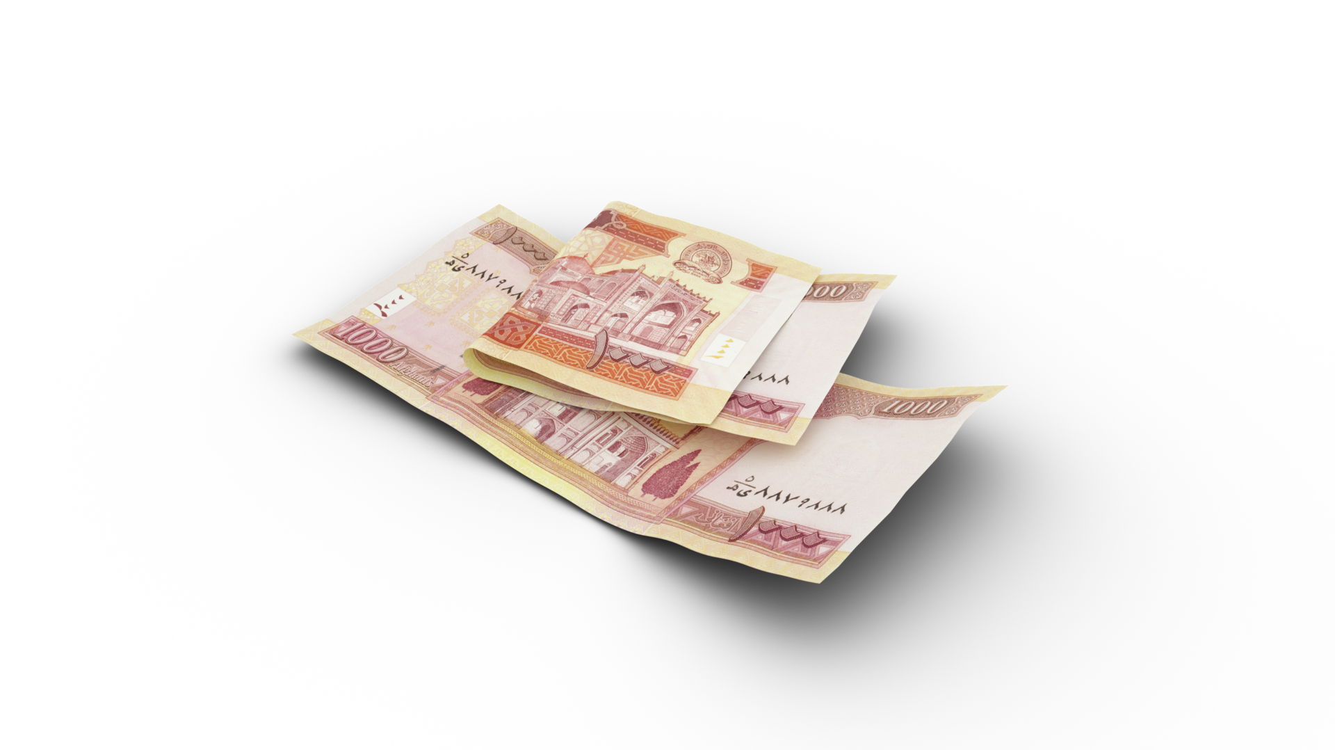 3D Rendering Of Double 1000 Afghan Afghani Notes With Shadows On 3d-rendering-of-double-1000-afghan-afghani-notes-with-shadows-on