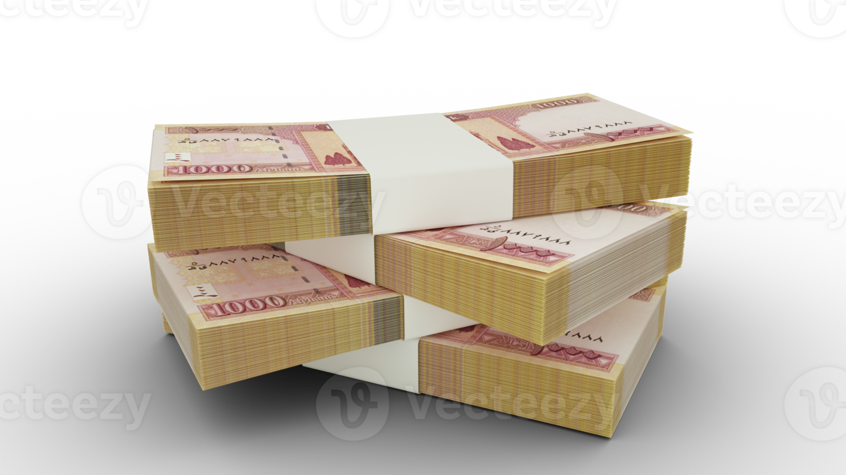 3d rendering of Stack of 1000 Afghan Afghanis notes. Few bundles of Afghan currency isolated on transparent background png