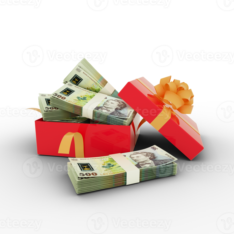 Romanian leu notes inside an open red gift box. Romanian leu inside . 3d rendering of money inside box isolated on transparent background png
