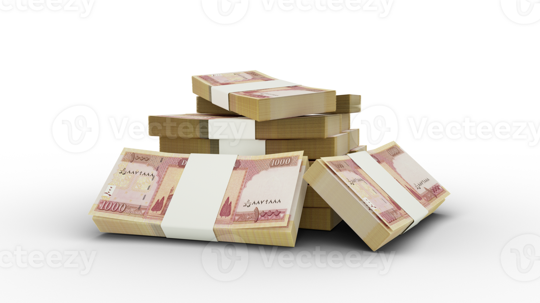 3d rendering of Stack of 1000 Afghan Afghanis notes. bundles of Afghan currency notes isolated on transparent background png