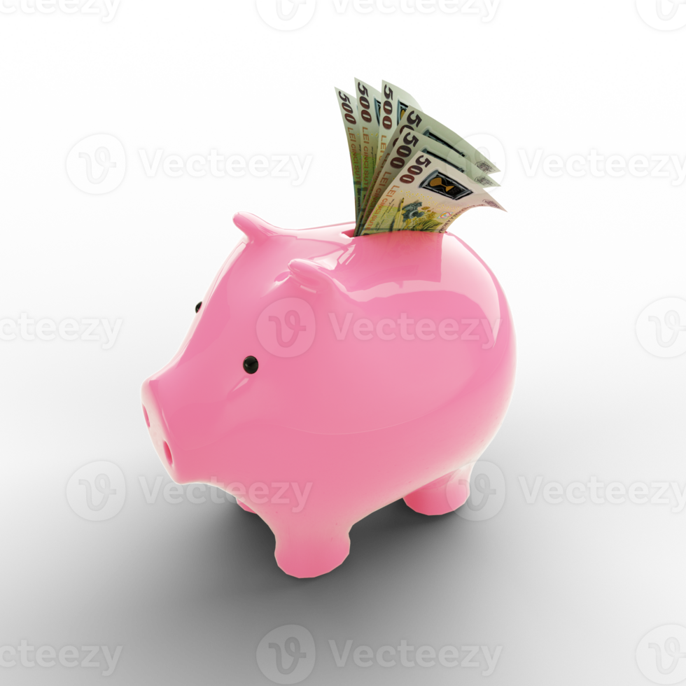 Romanian Leu notes inside pink Piggy Bank, money in piggy bank, savings concept, 3d rendering png