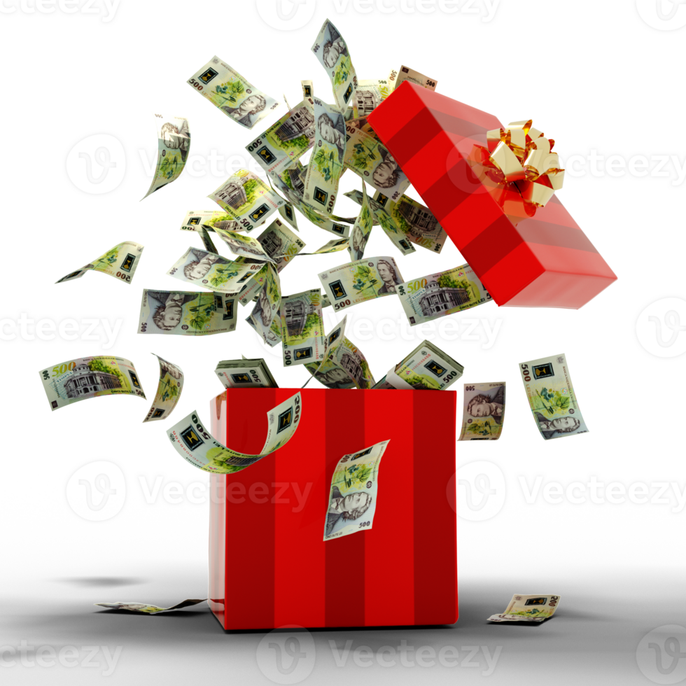 3D rendering of A lot of Romanian leu notes coming out of an opened red gift box png