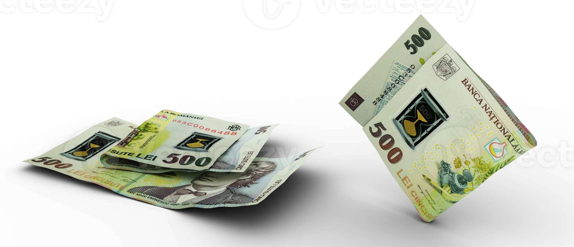 Set of Romanian Leu note isolated on transparent background. 3d rendering png