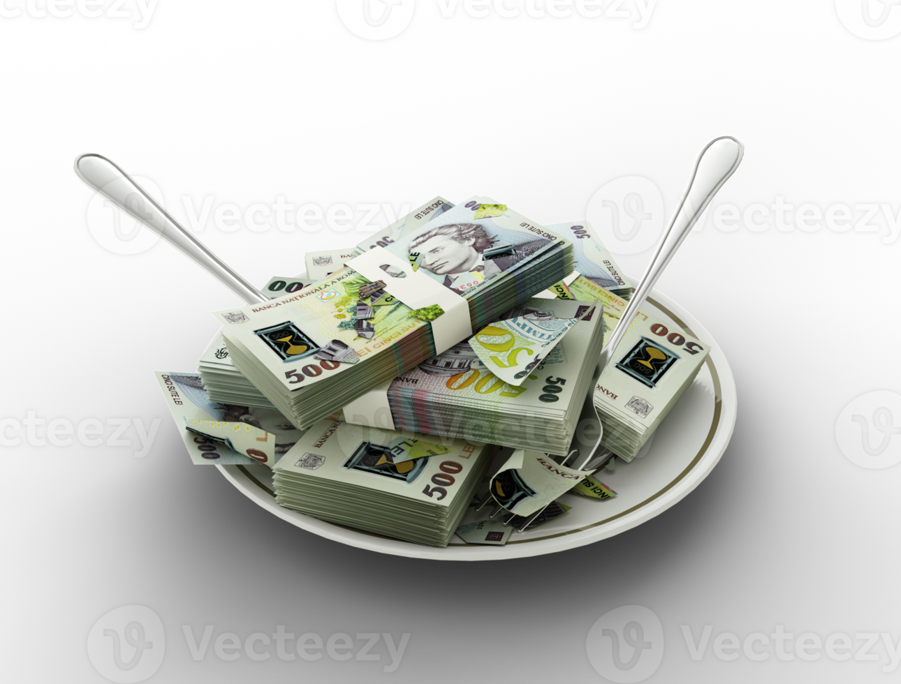 3D rendering of Romanian Leu notes on plate. Money spent on food concept. Food expenses, expensive meal, spending money concept. eating money, misuse of money png