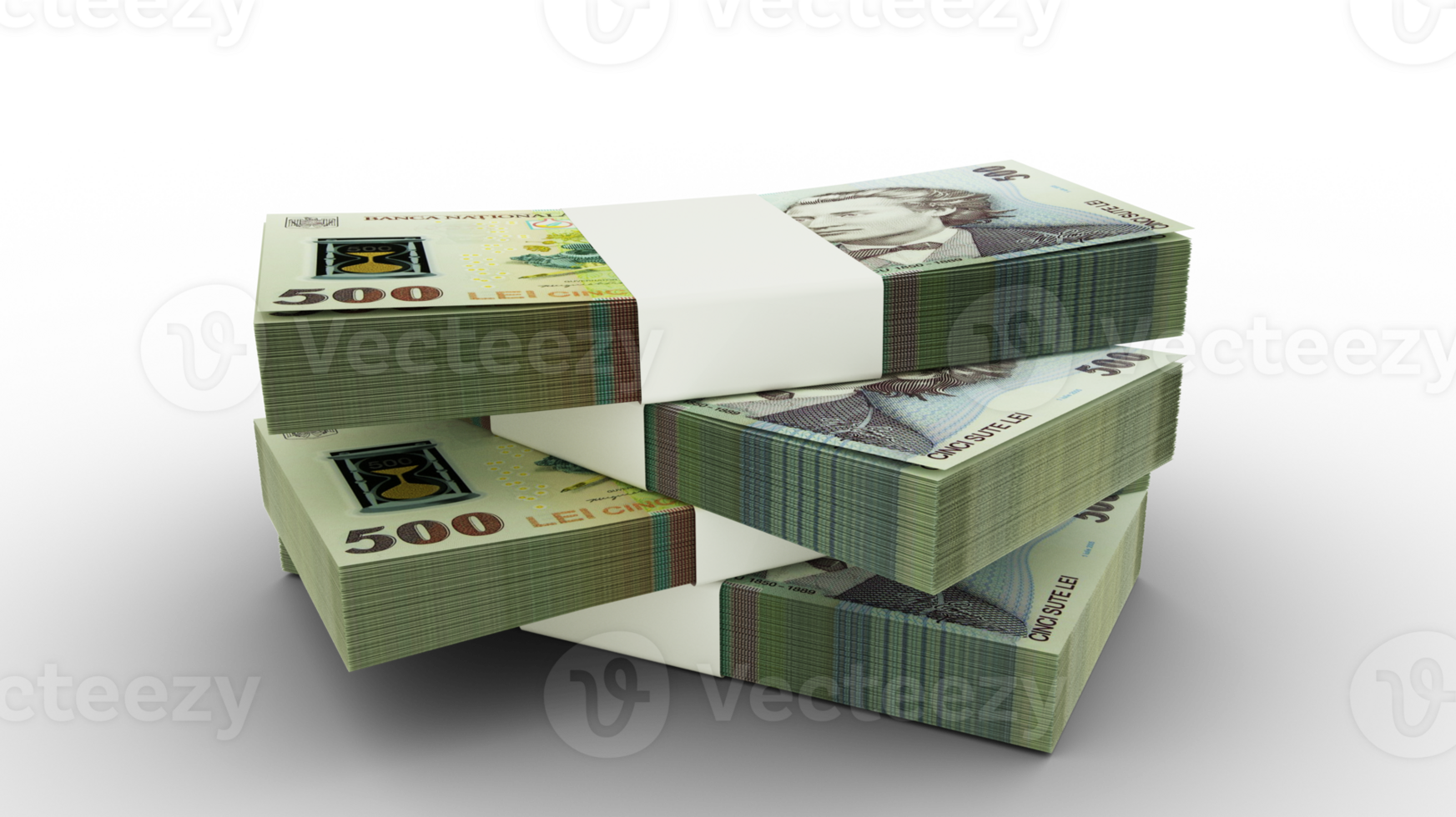 3d rendering of Stack of Romanian leu notes. Few bundles of Romanian currency notes isolated on transparent background png