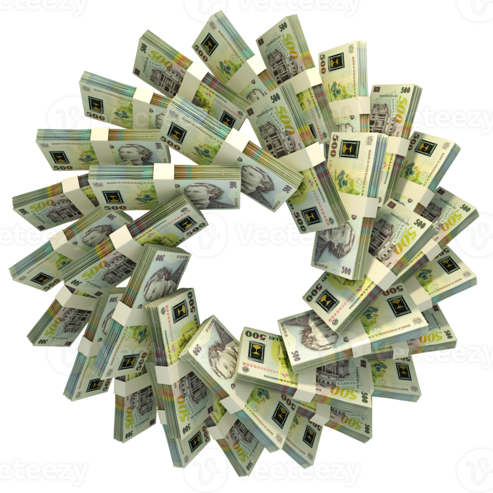 3d rendering of stacks of Romanian Leu arranged in a circular pattern. png