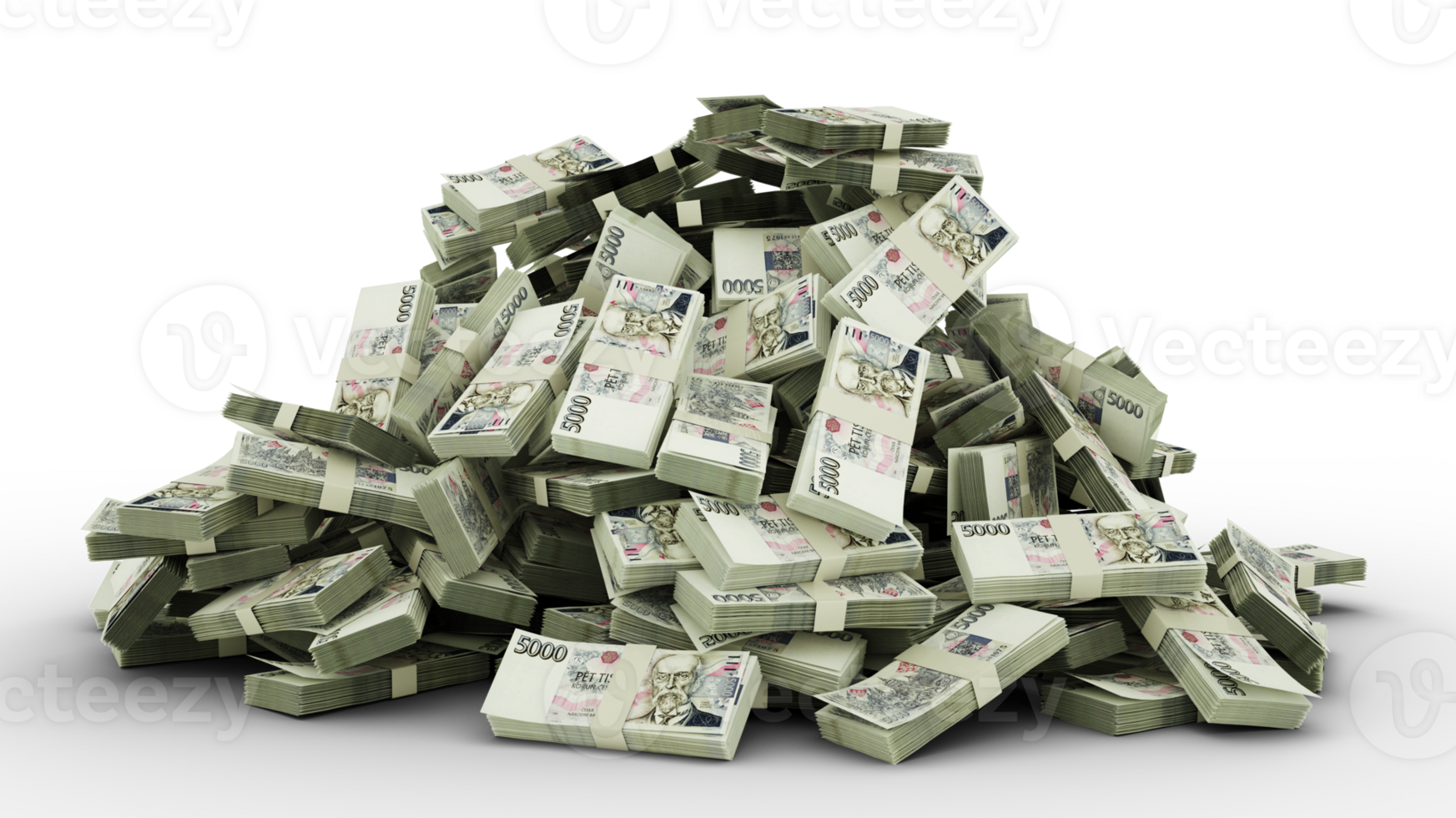 Big pile of Czech Koruna notes a lot of money over transparent background. 3d rendering of bundles of cash png