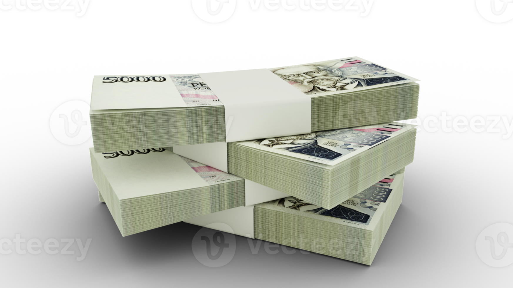 3d rendering of Stack of Czech Koruna notes. Few bundles of Czech Koruna currency isolated on transparent background png