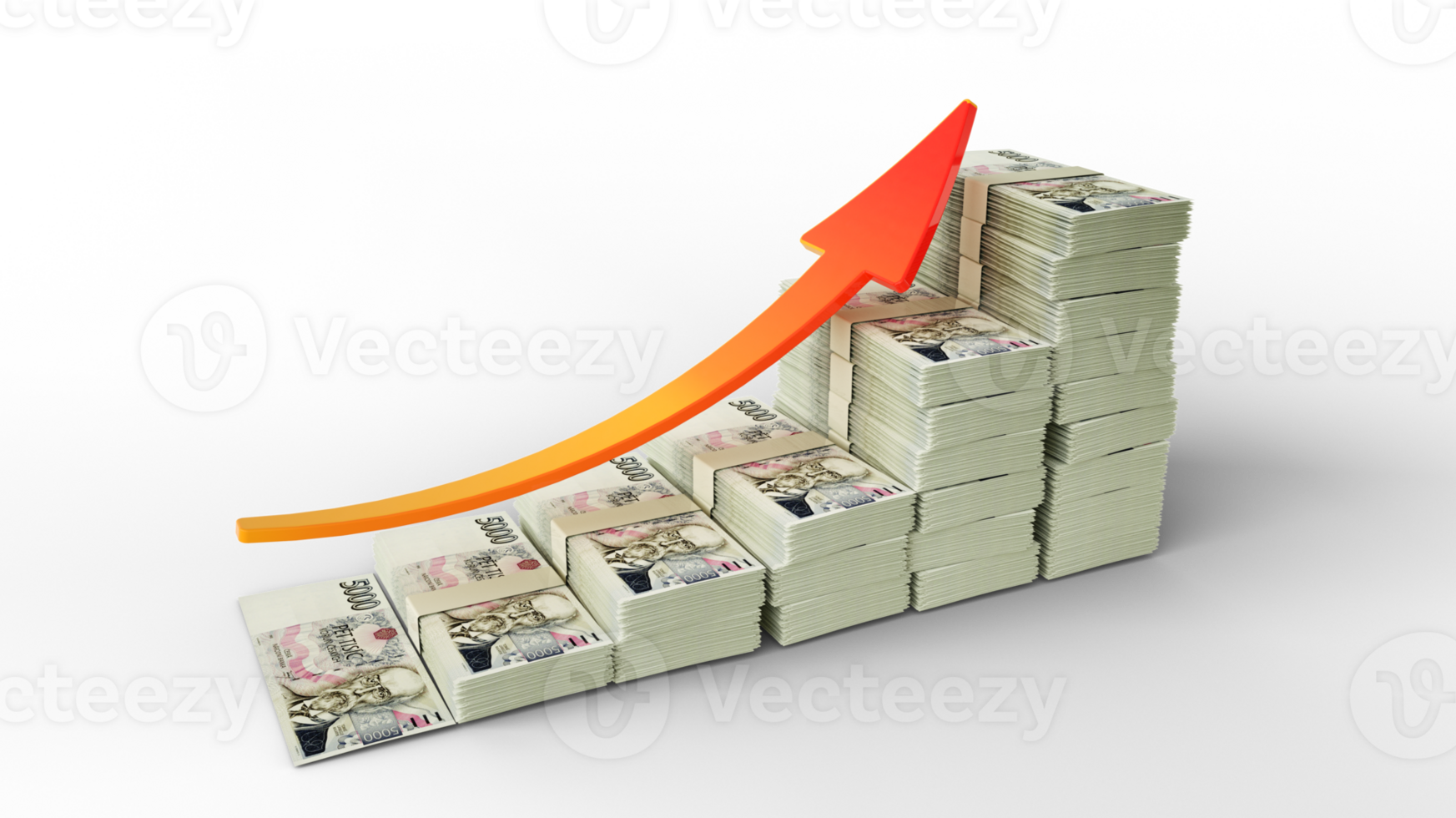 Financial growth sign made of stacks of Czech Koruna notes. 3D Rendering of Czech Koruna money arranged in the form of a bar graph isolated on transparent background png