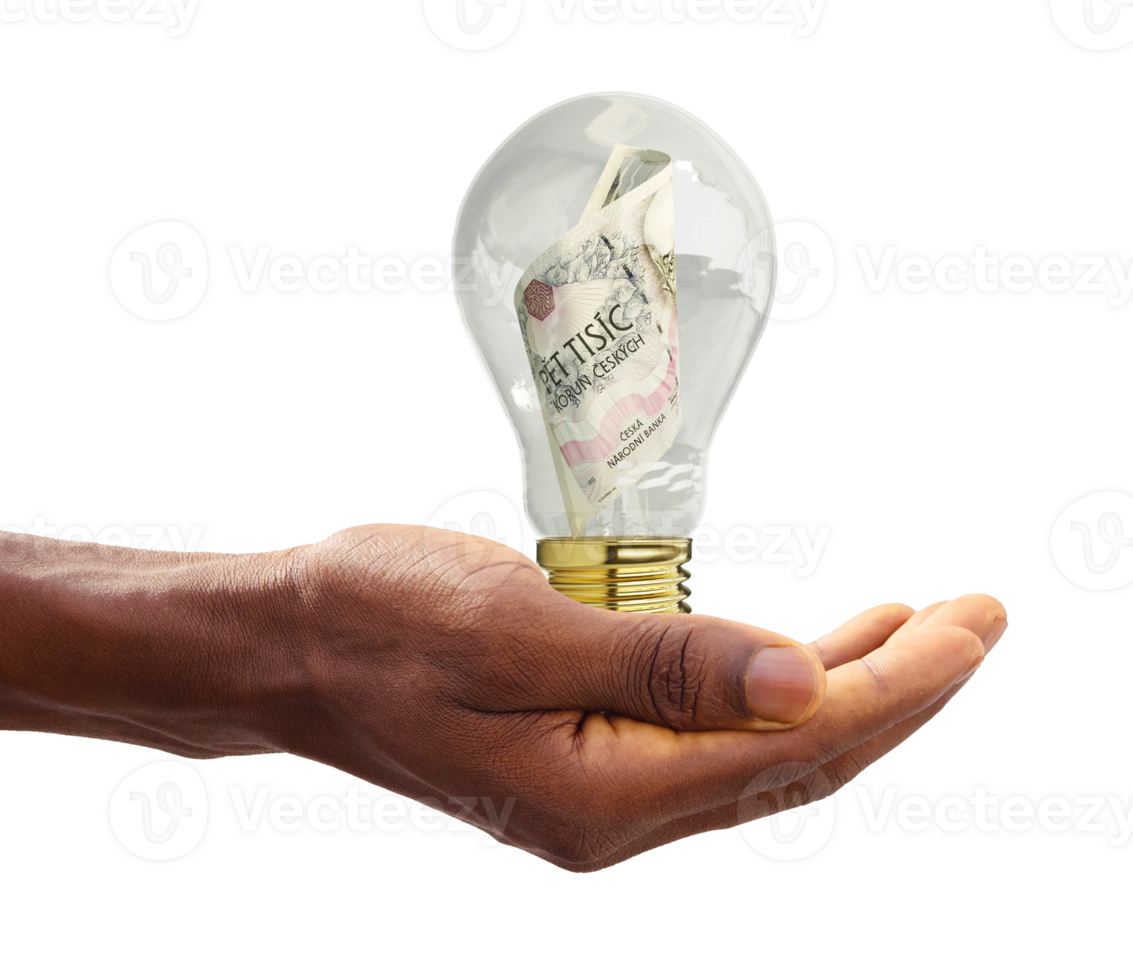 A hand holding a 3d rendering of Czech Koruna note inside transparent light bulb isolated on white background, creative thinking. Making money by solving problem. idea concept png
