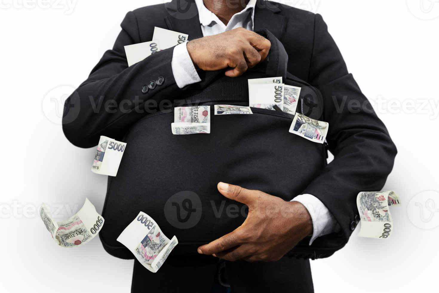 Black Businessman holding black bag full of Czech Koruna notes isolated on transparent background, money falling from bag png
