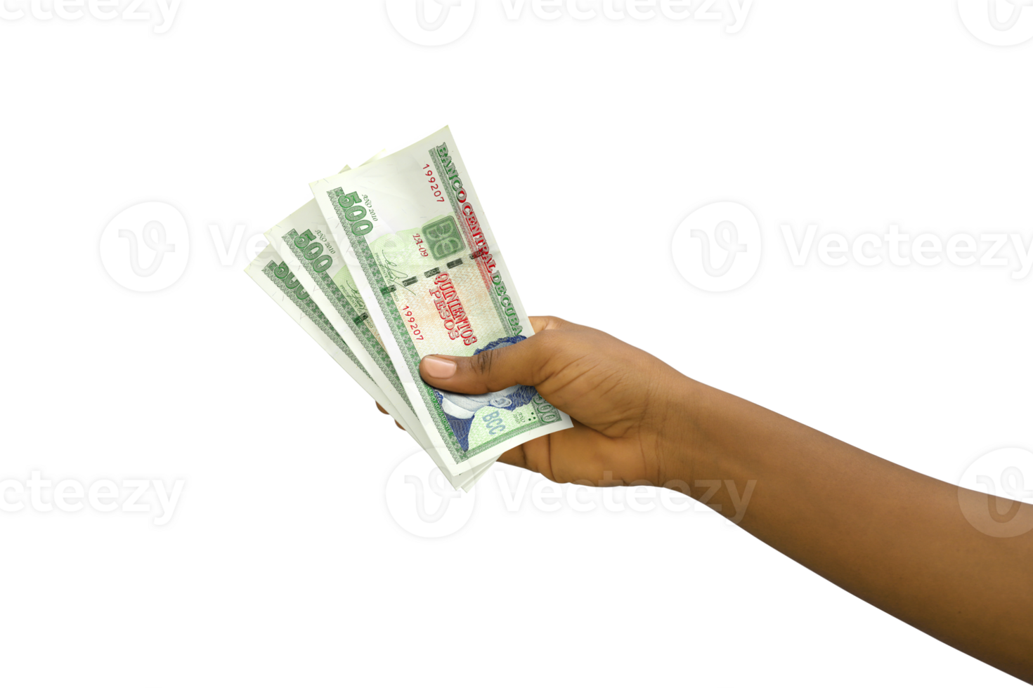 Fair hand holding 3D rendered Cuban peso notes isolated on transparent background png