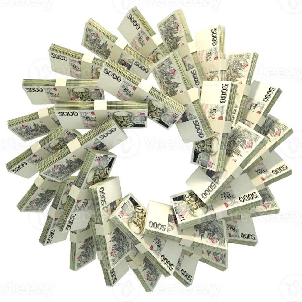 3d rendering of stacks of Czech Koruna arranged in a circular pattern. png