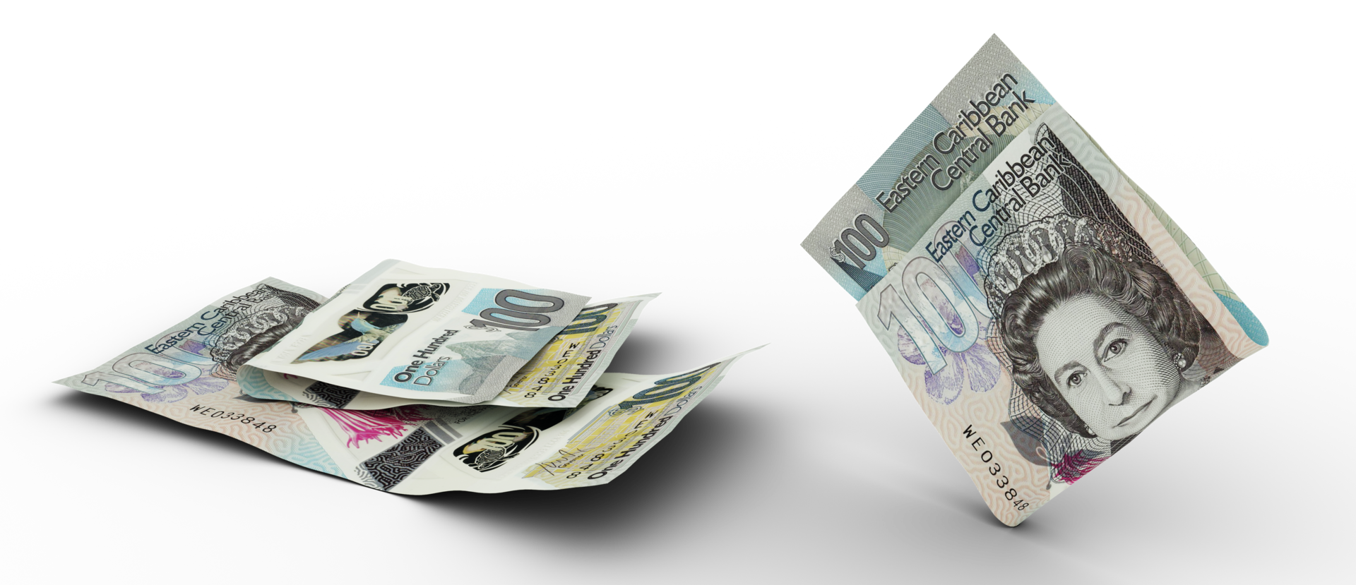 Set of East Caribbean Dollar note isolated on transparent background. 3d rendering png