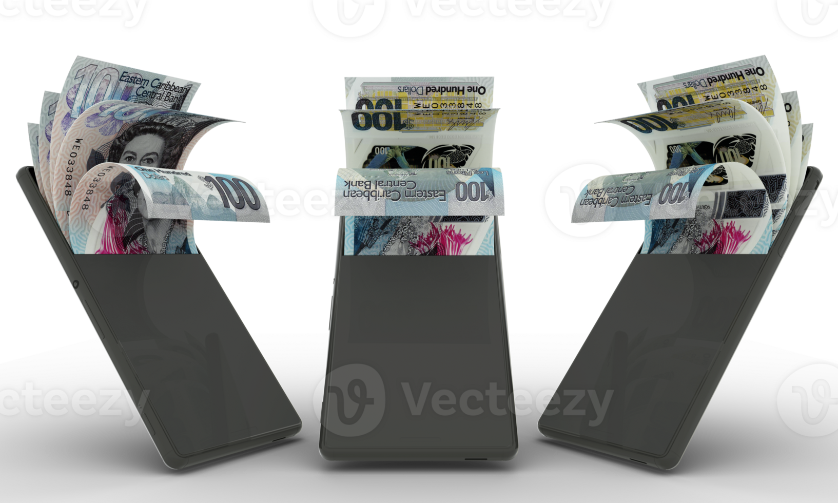 East Caribbean Dollar notes inside a mobile phone. money coming out of mobile phone. 3d rendering of set of mobile money transaction concept. money from Phone png