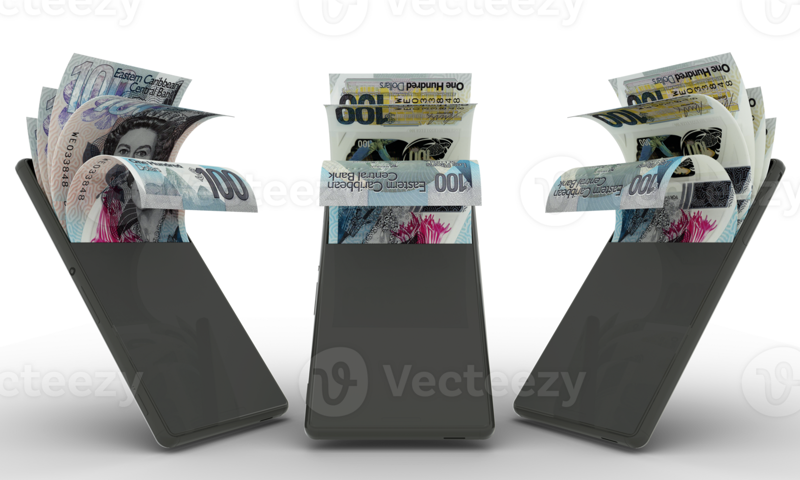 leste caribe dólar notas dentro uma Móvel telefone. dinheiro chegando Fora do Móvel telefone. 3d Renderização do conjunto do Móvel dinheiro transação conceito. dinheiro a partir de telefone png