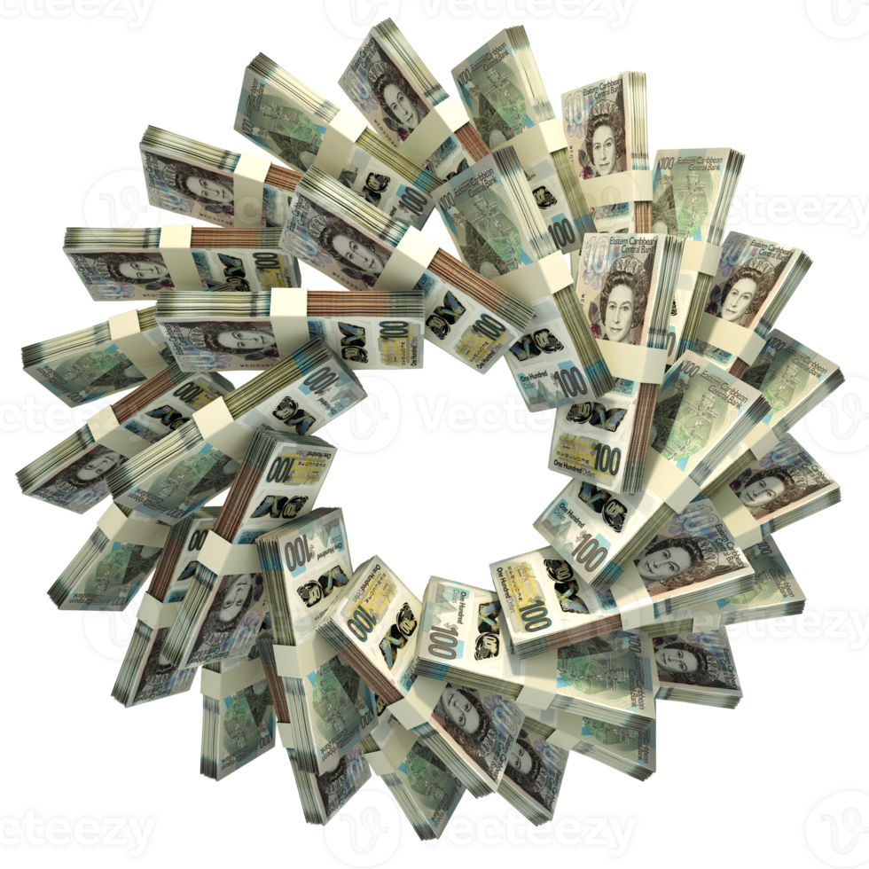 3d rendering of stacks of East Caribbean Dollar arranged in a circular pattern. png