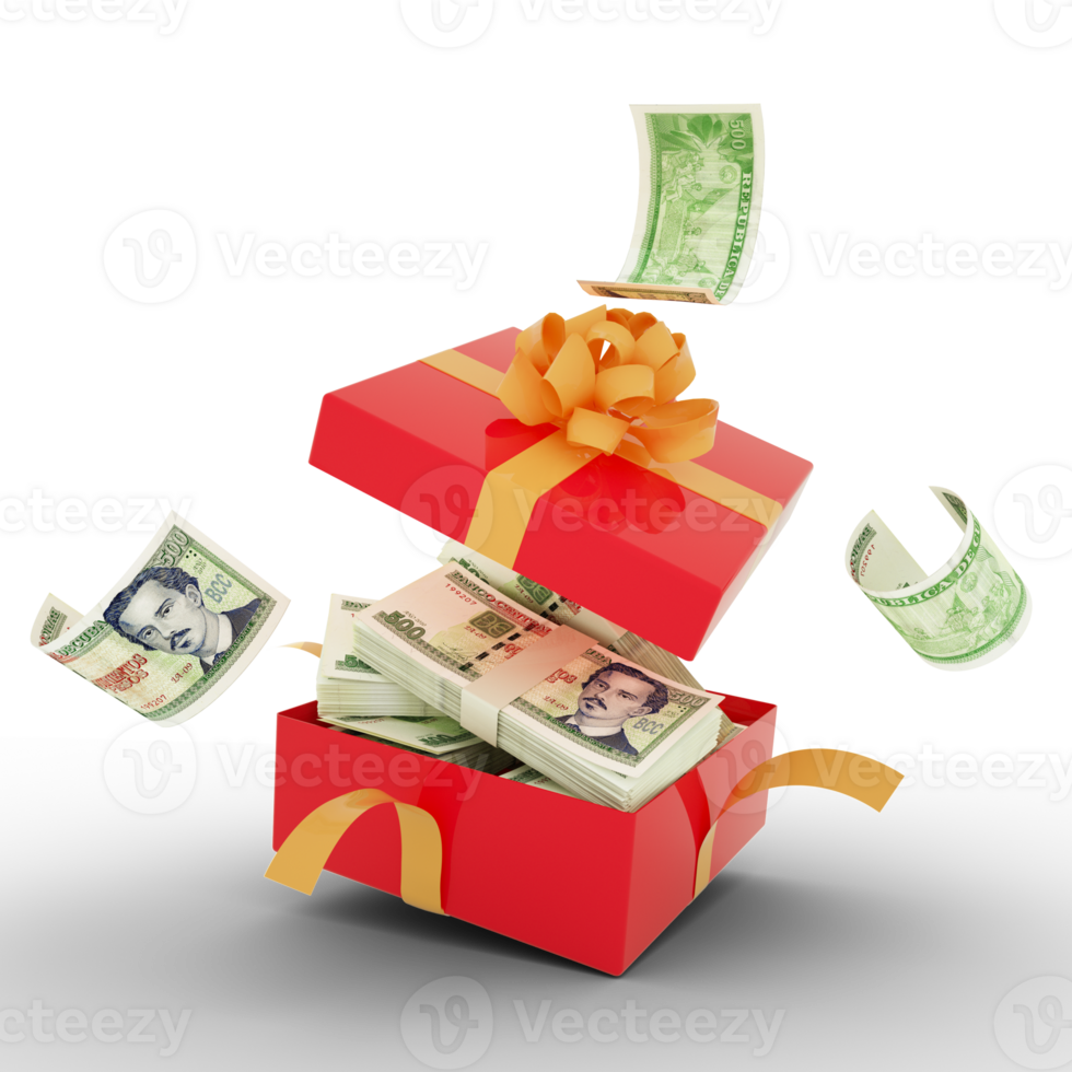 Cuban peso notes inside an open red gift box. Cuban pesos inside and flying around a gift box. 3d rendering of money inside box isolated on transparent background png