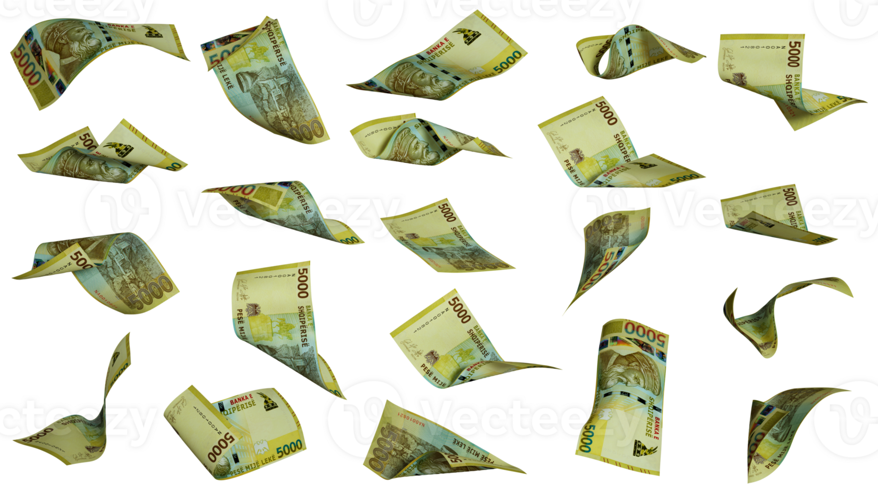 3D rendering of Albanian lek notes flying in different angles and orientations isolated on transparent background png