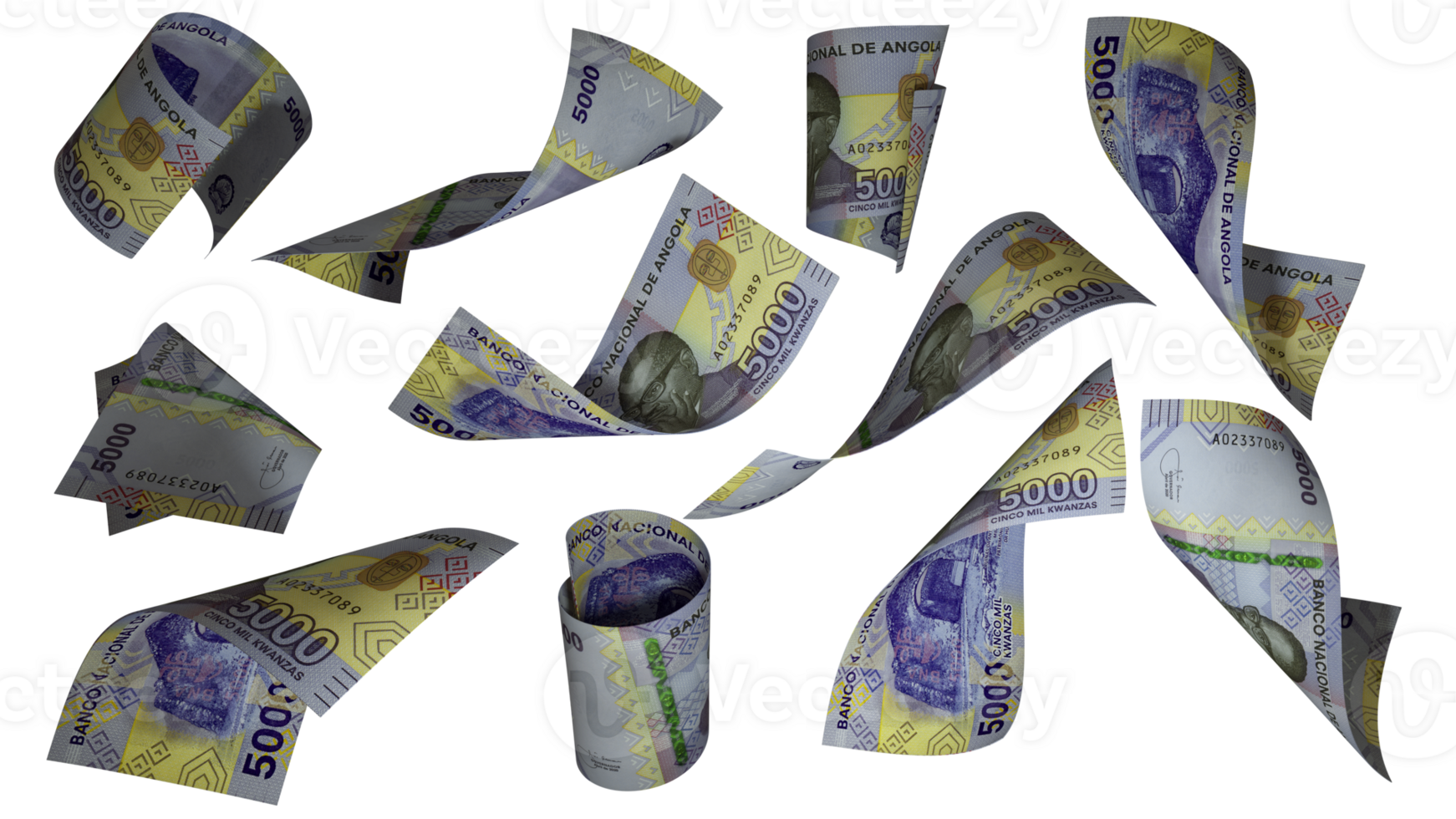 3D rendering of Angolan Kwanza notes flying in different angles and orientations isolated on transparent background png