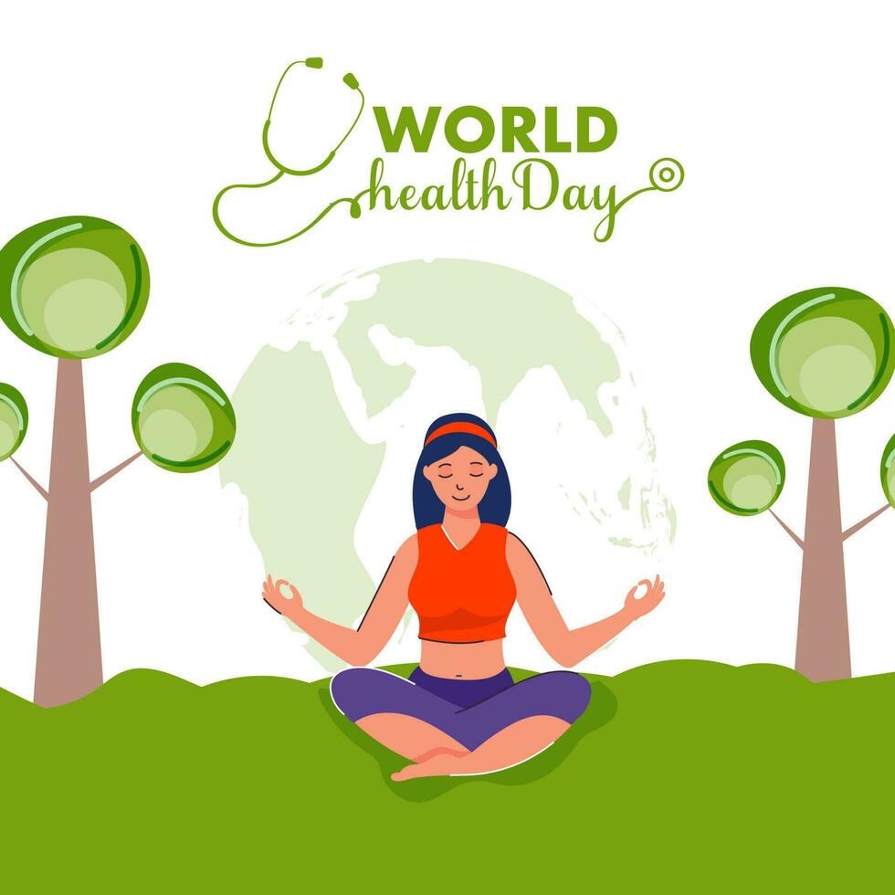 World Health Day Concept With Young Girl Meditating On Natural View Green And White Background. vector