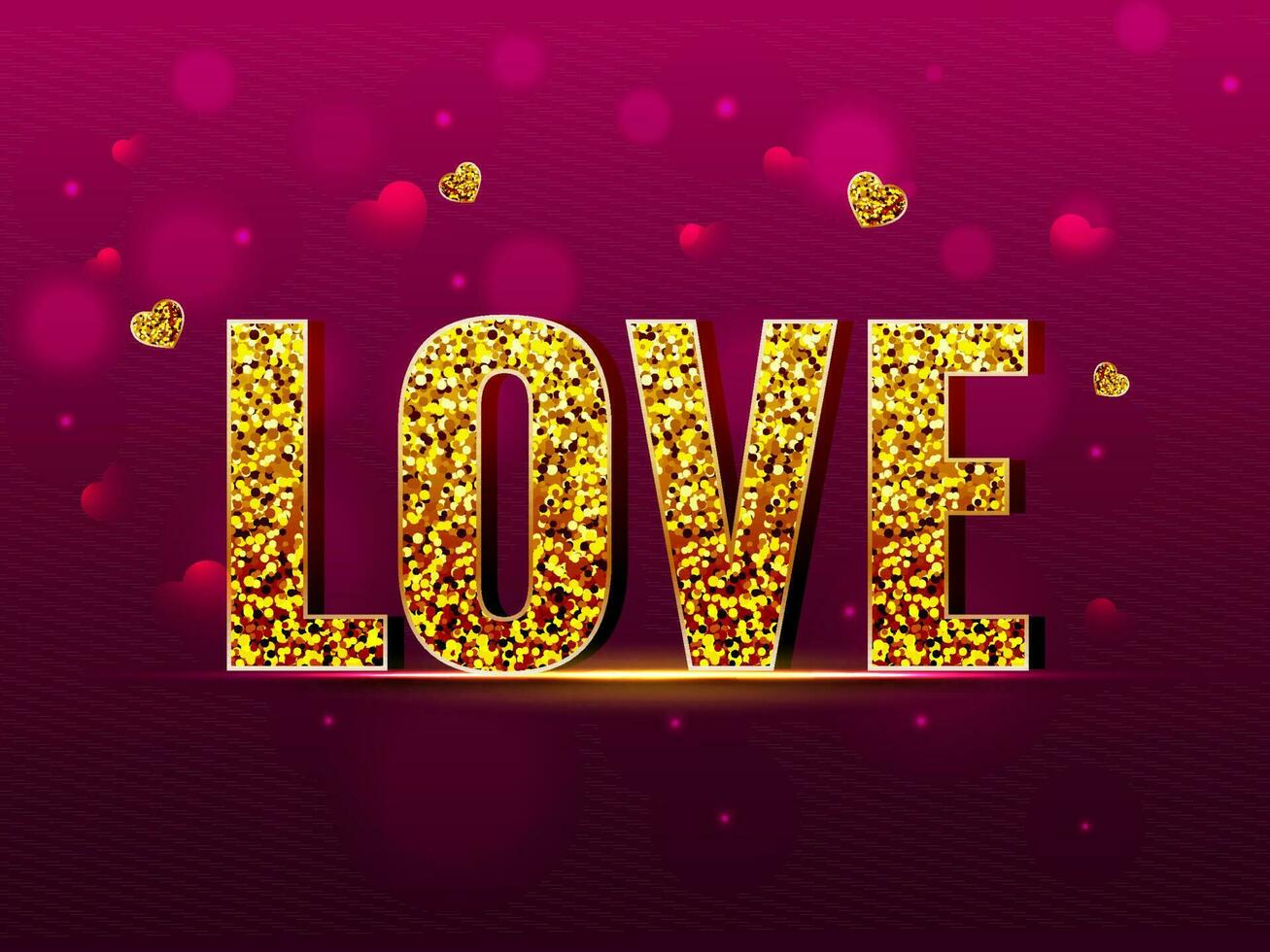 Golden Glittering Love Font With Hearts On Dark Pink Bokeh Background. vector