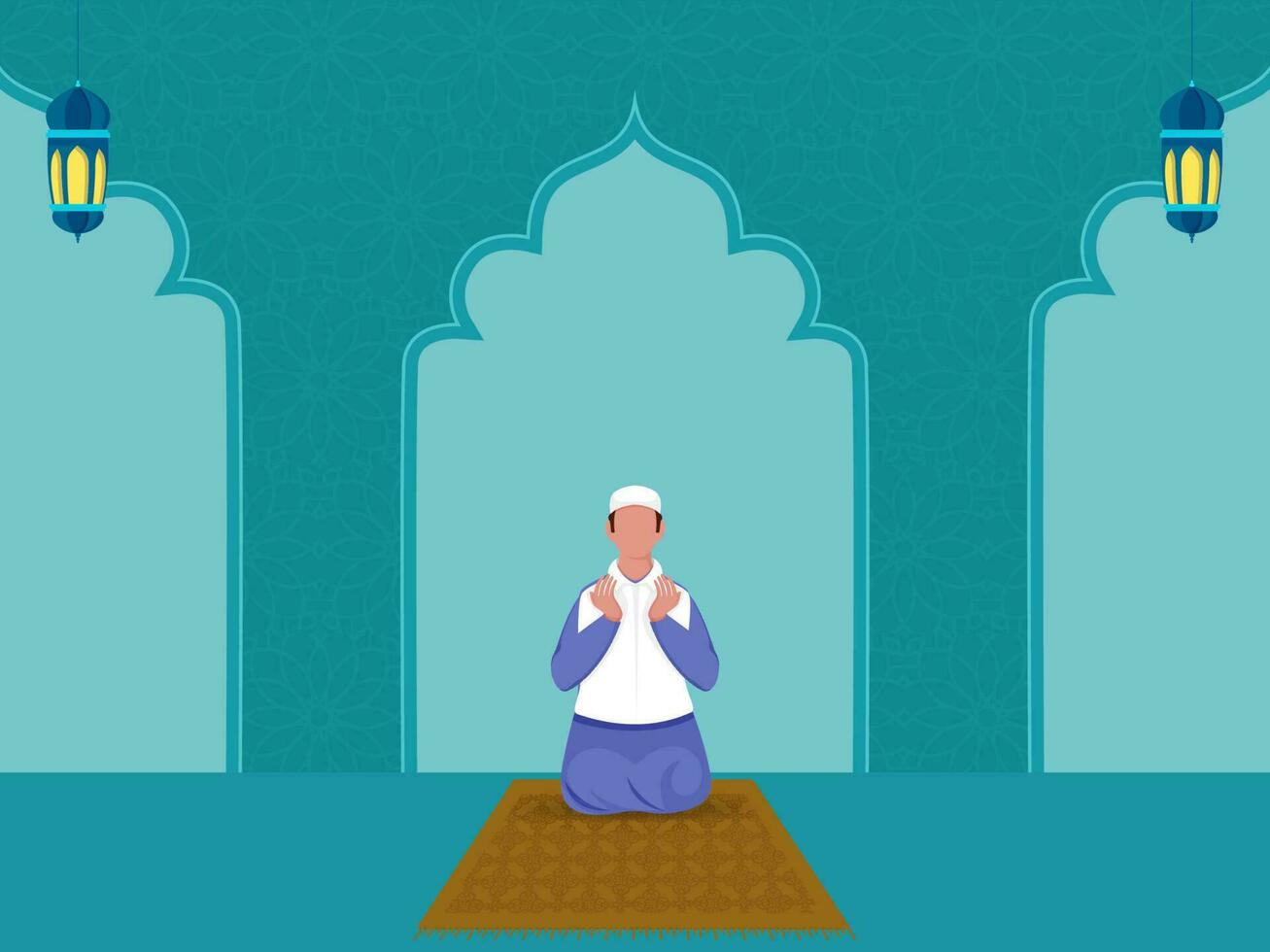 Front View Of Faceless Muslim Man Offering Namaz Prayer At Mat And Arabic Lanterns On Blue Islamic Pattern Background. vector
