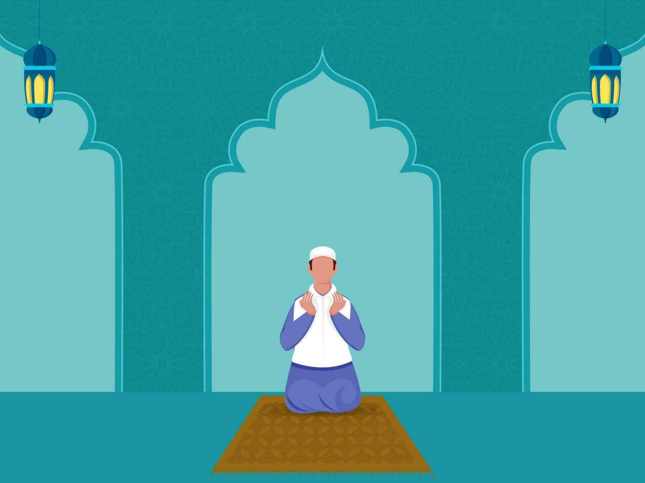 Front View Of Faceless Muslim Man Offering Namaz Prayer At Mat And Arabic Lanterns On Blue Islamic Pattern Background. vector