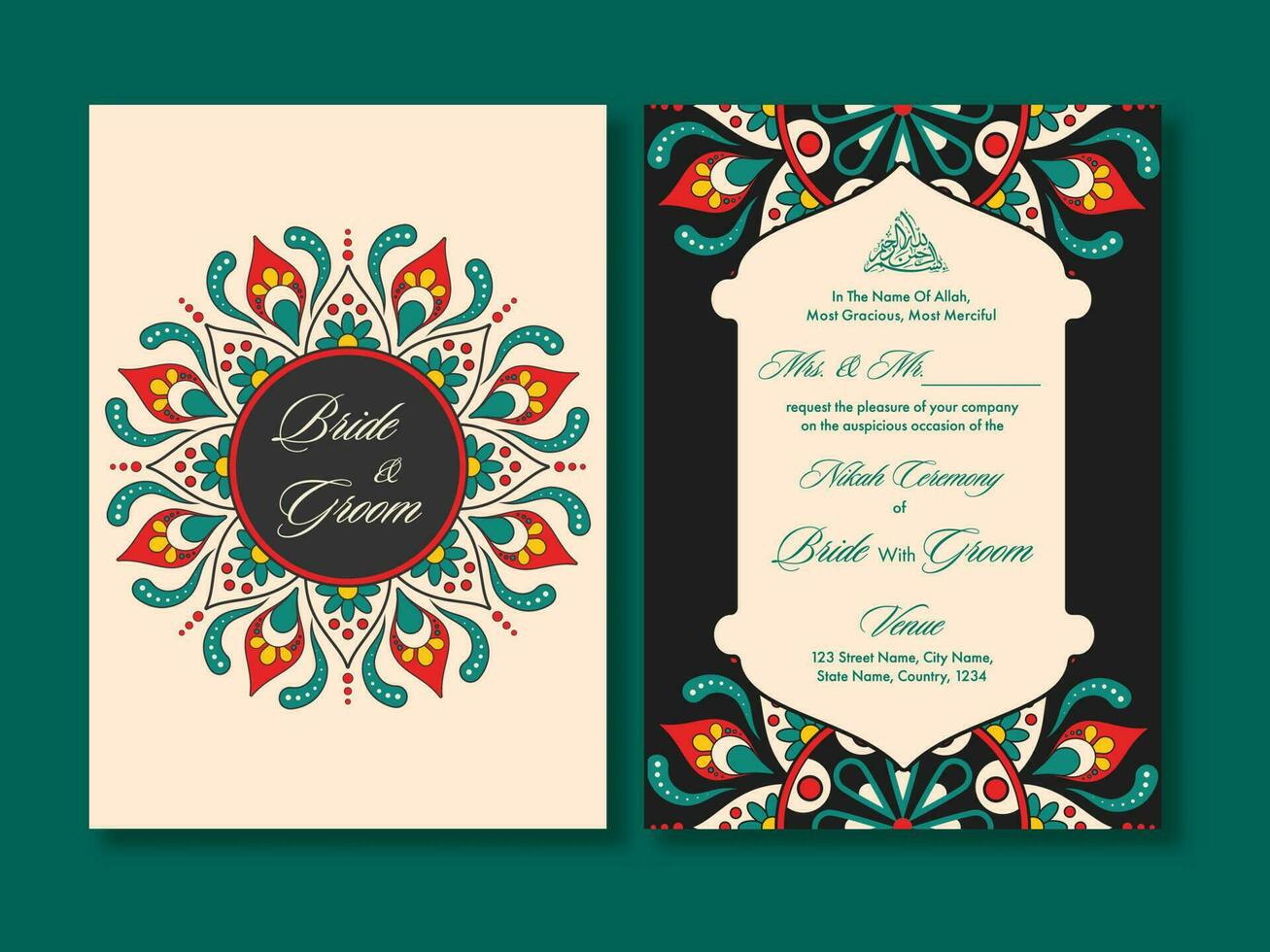 Islamic Wedding Invitation Card With Mandala Pattern In Front And Back View. vector