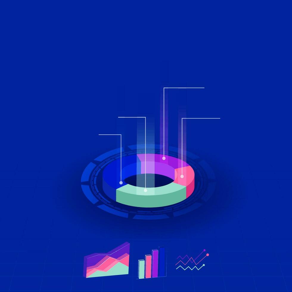 infografía elementos - tarta cuadro, bar líneas, lineal líneas y comparación cartas en azul antecedentes. 3d estilo presentación. vector