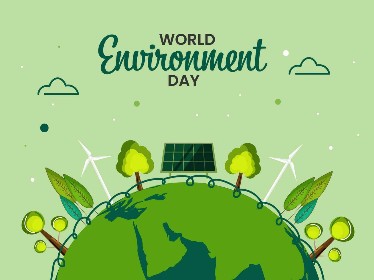 World Environment Day Concept With Trees, Windmills And Solar Panels Around The Earth Globe On Green Background. vector