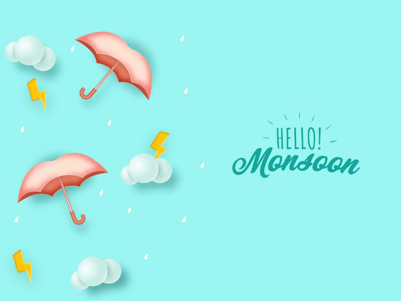 Hello Monsoon Font With 3D Umbrella, Clouds, Lightning Bolt And Drops On Cyan Background. vector