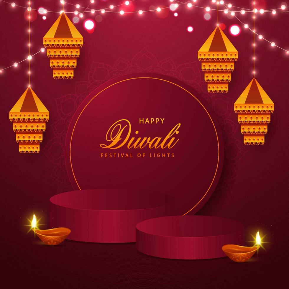 contento diwali celebracion concepto con podios, realista iluminado petróleo lámparas, tradicional linternas para producto anuncios diwali rebaja concepto. vector