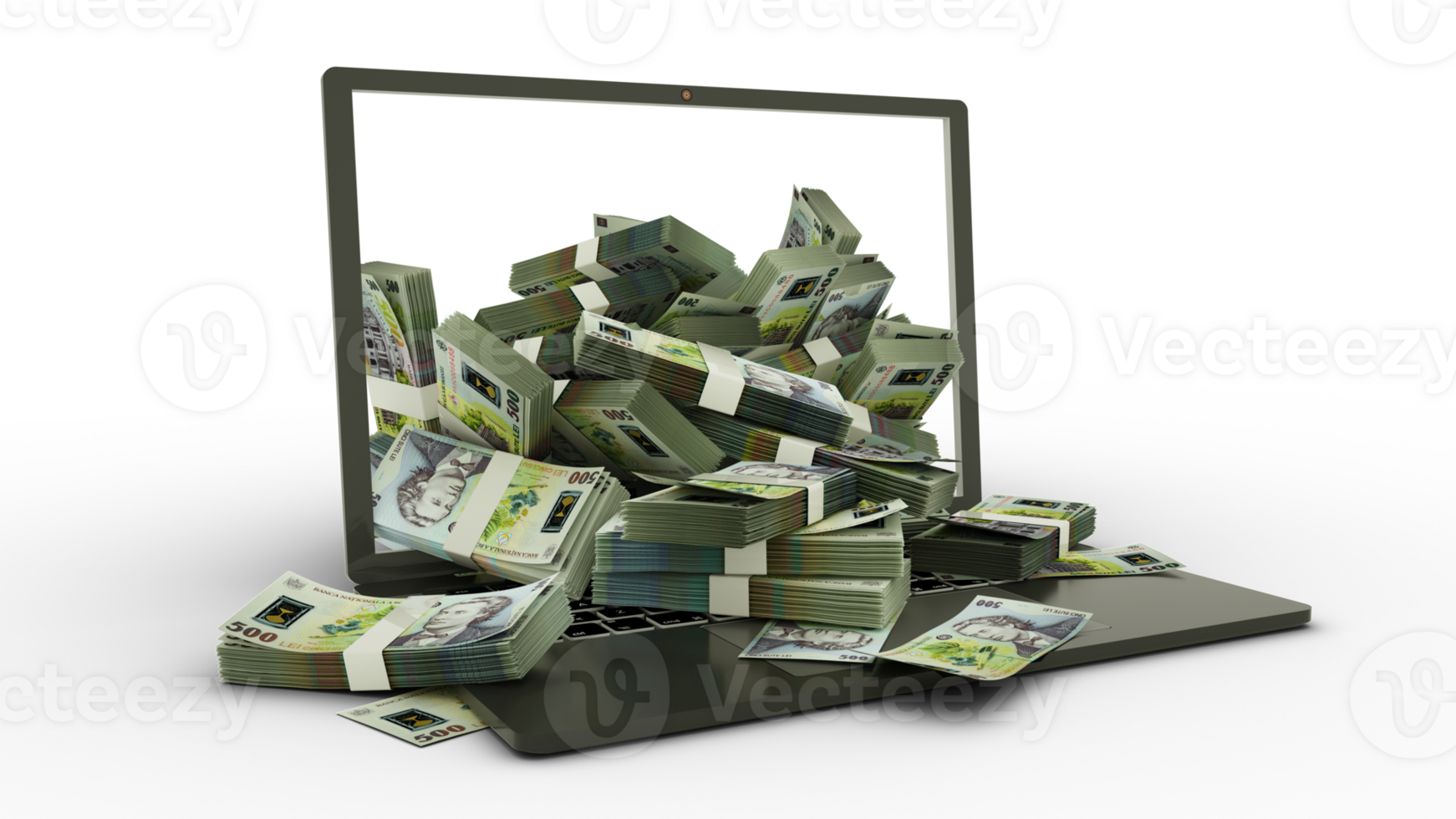3D rendering of Romanian Leu notes coming out of a Laptop monitor isolated on transparent background. stacks of Leu notes inside a laptop. money from computer, money from laptop png