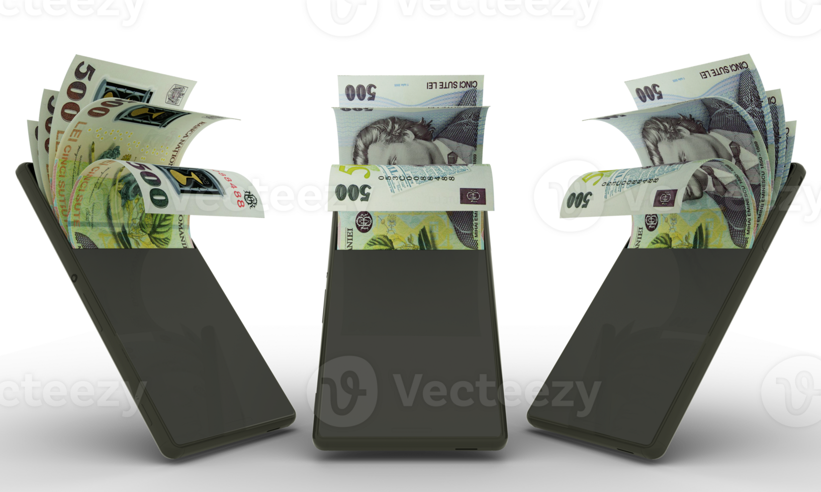 Romanian Leu notes inside a mobile phone. money coming out of mobile phone. 3d rendering of set of mobile money transaction concepts. money from Phone png