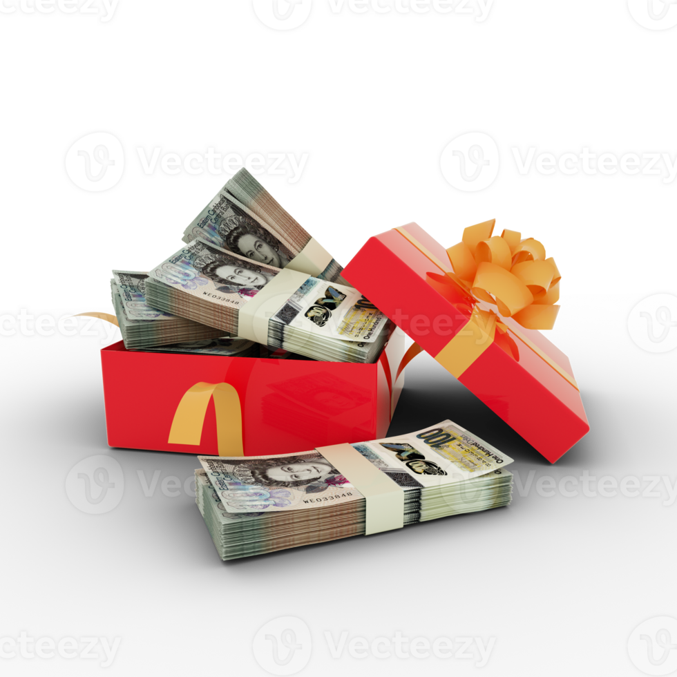 Stack of East Caribbean Dollar notes inside an open red gift box. Bundles of East Caribbean Dollar inside a gift box. 3d rendering of money inside box isolated on transparent background png