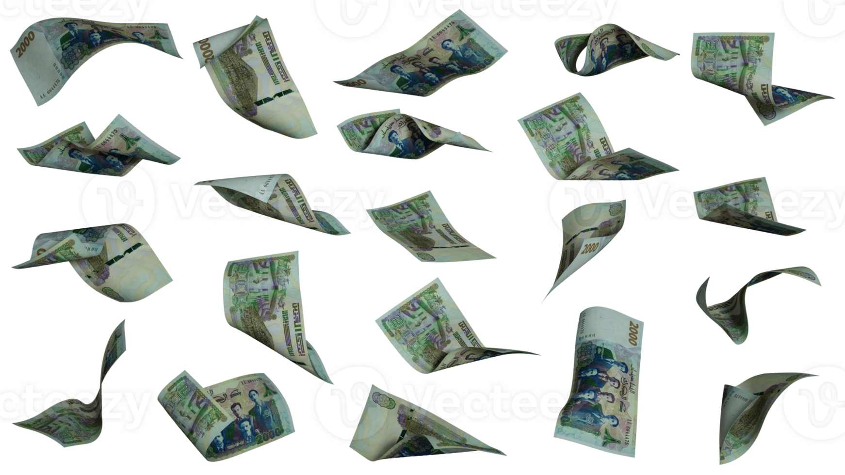 3D rendering of Algerian dinar notes flying in different angles and orientations isolated on transparent background png