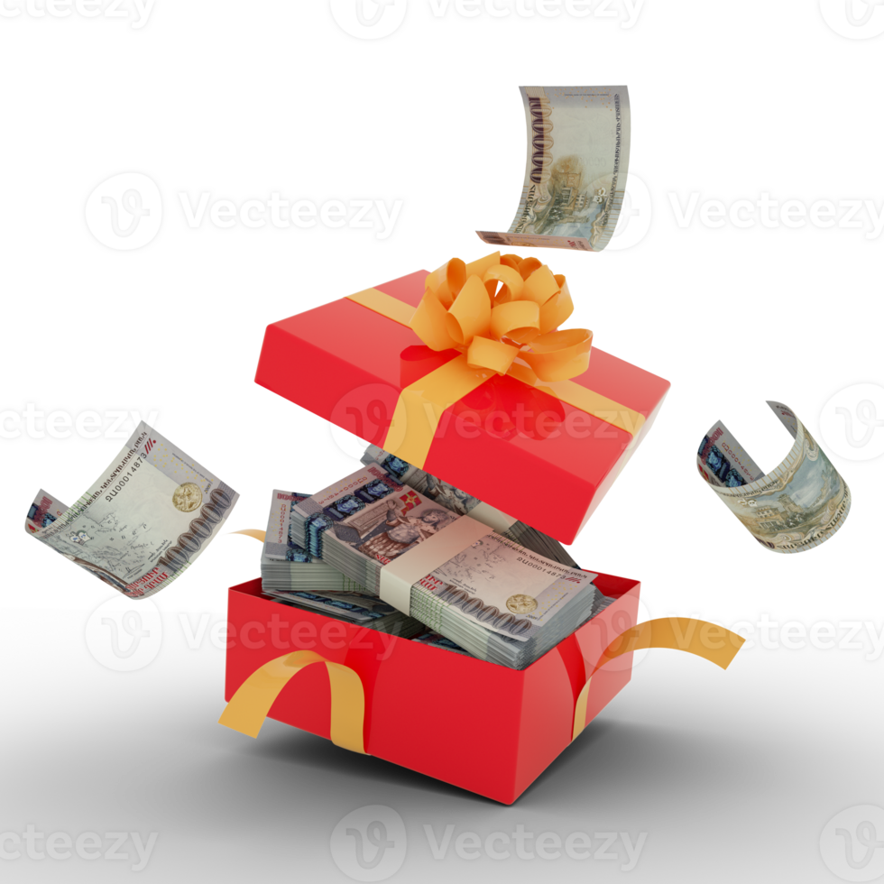 100000 Armenian dram notes inside an open red gift box. Armenian dram inside and flying around a gift box. 3d rendering of money inside box isolated on transparent background png