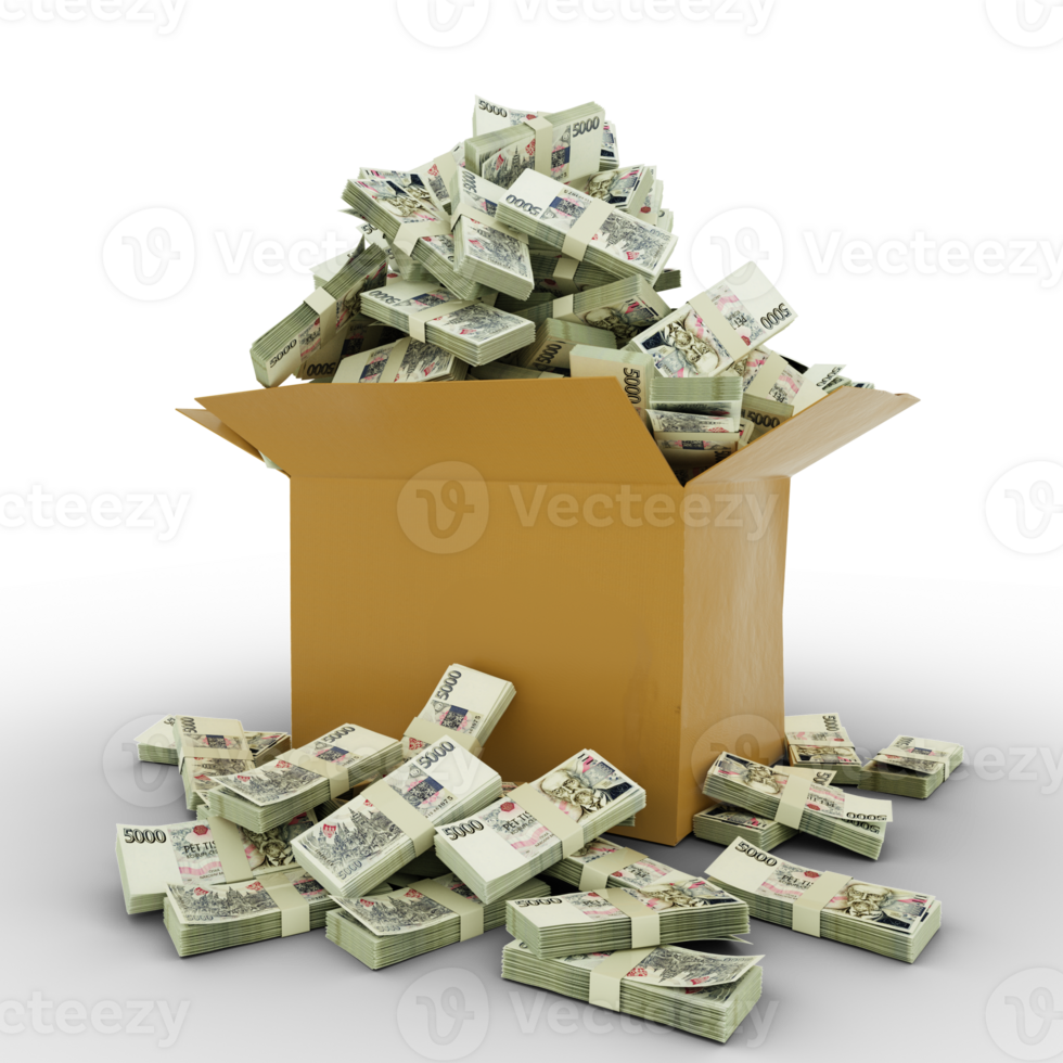 3d rendering of cardboard box full of Czech Koruna notes isolated on a transparent background png