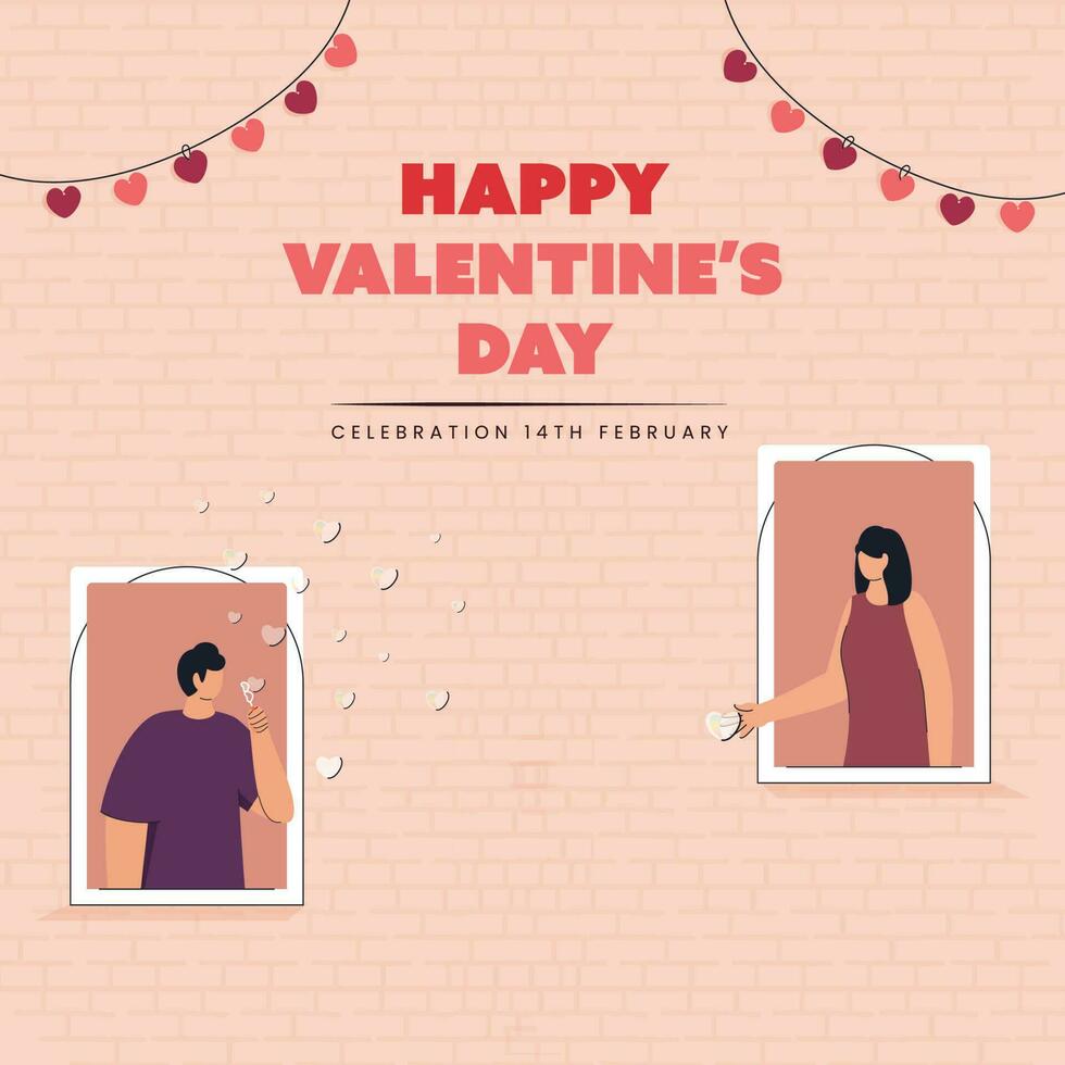 contento San Valentín día concepto con vecino Pareja mirando cada otro desde su balcón en melocotón ladrillo pared antecedentes. vector