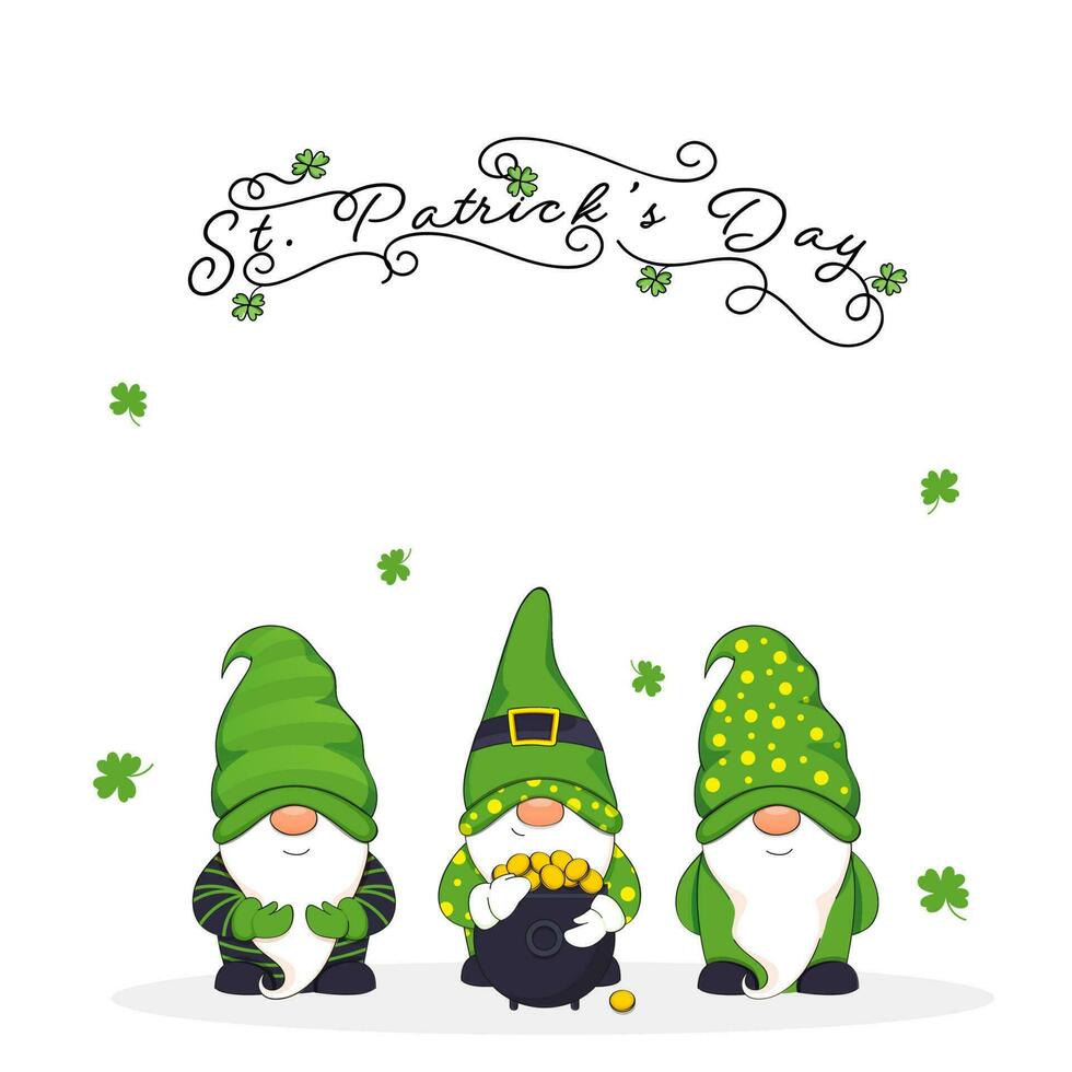 S t. patrick's día concepto con dibujos animados gnomos vistiendo duende sombrero, dorado monedas en caldera y trébol hojas decorado en blanco antecedentes. vector